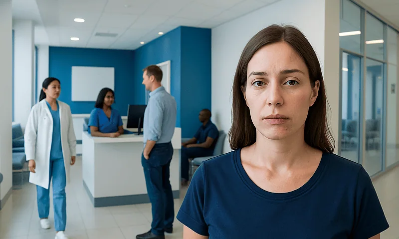 Concerned woman at a hospital reception with medical staff in background.