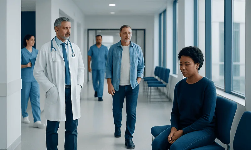 Medical consultation in a modern hospital corridor with a patient and doctors.