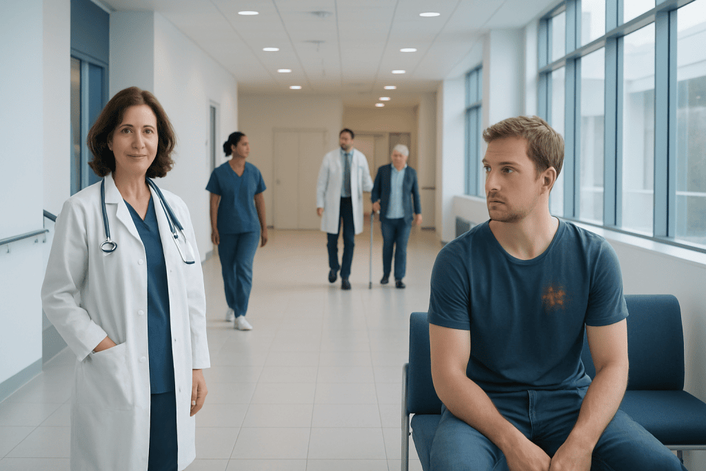 Herpes Gladiatorum — Explained by Medical Evidence, Not Myths 1 Hospital corridor with doctor and patient, healthcare professionals in background.