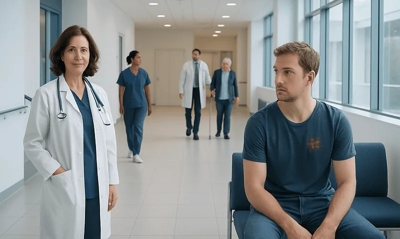 Hospital corridor with doctor and patient, healthcare professionals in background.