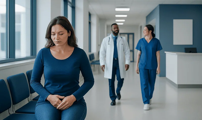 Woman waiting in hospital corridor with healthcare professionals in background.