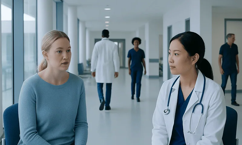 Doctor consulting with a patient in a hospital corridor.