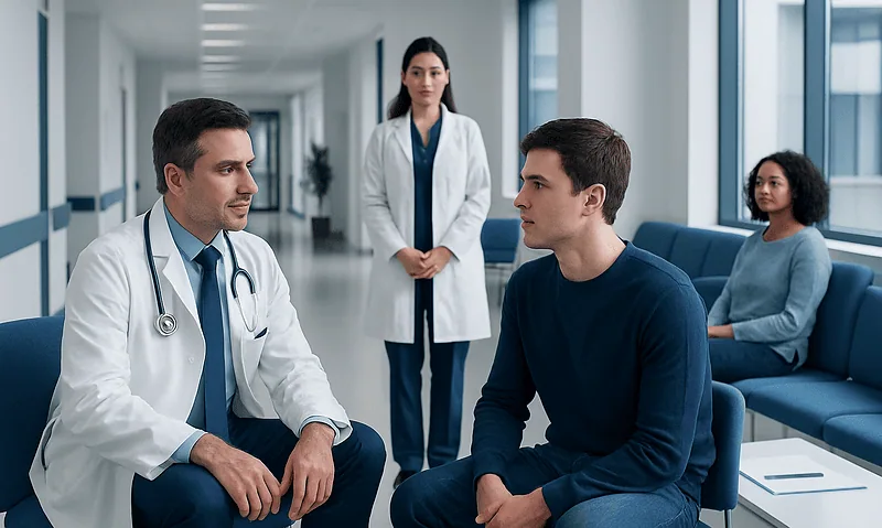 Doctor consulting with young male patient in hospital corridor.