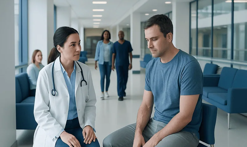 Doctor consulting male patient in hospital corridor.