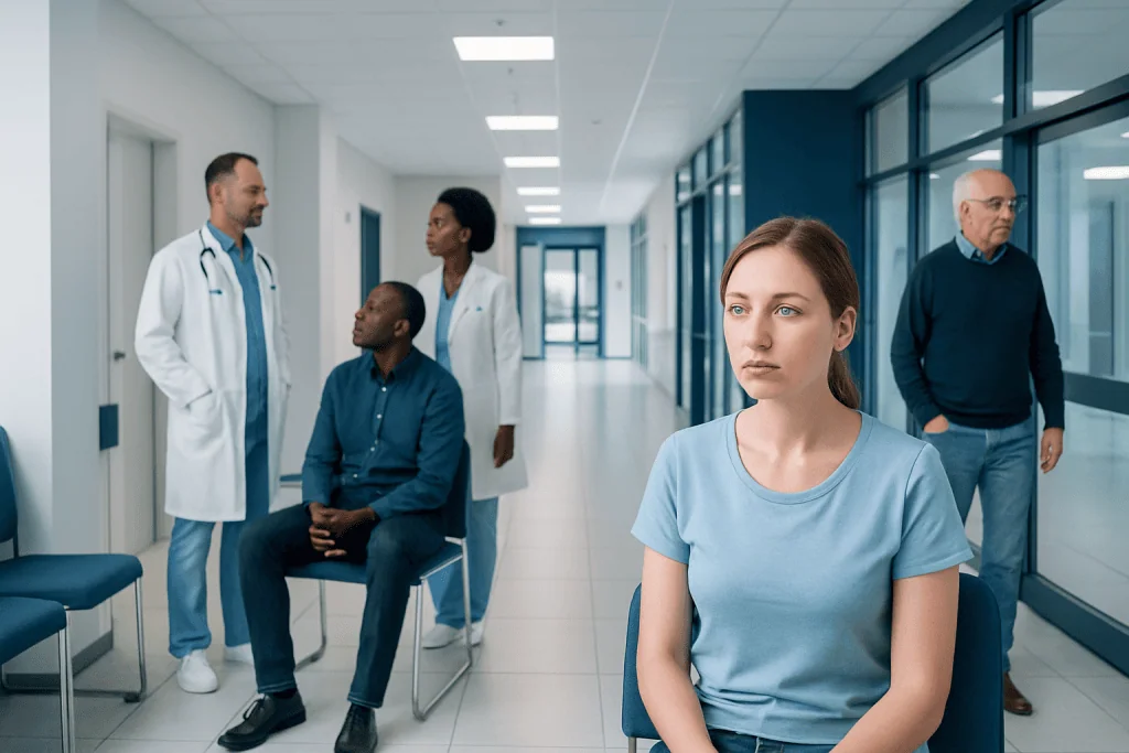 Herpes Photos in Different Stages: A Complete Medical Overview 1 Patient waiting in hospital corridor with medical staff and visitors.