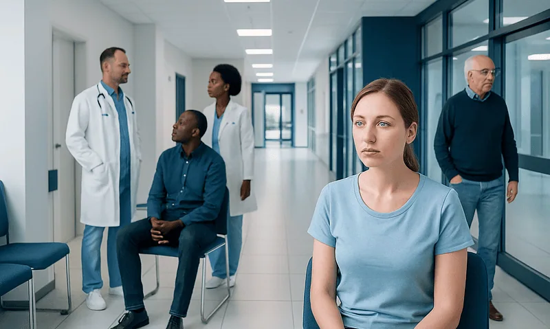 Patient waiting in hospital corridor with medical staff and visitors.