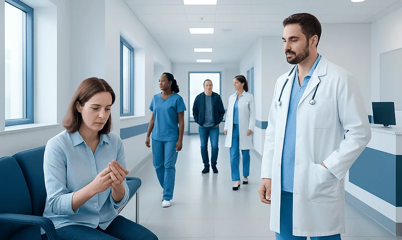 Medical team discussing patient care in hospital corridor.