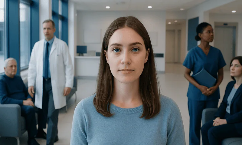 Young woman with heterochromia in a medical consultation setting.