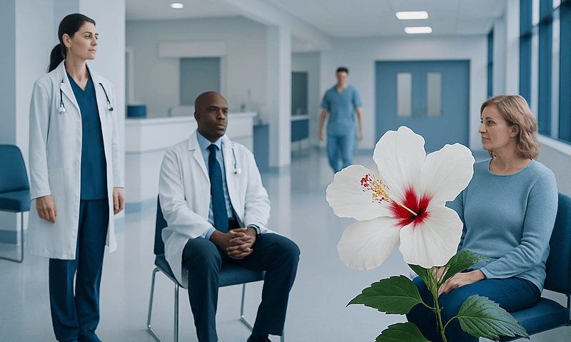 Medical consultation with a hibiscus flower in a hospital setting.