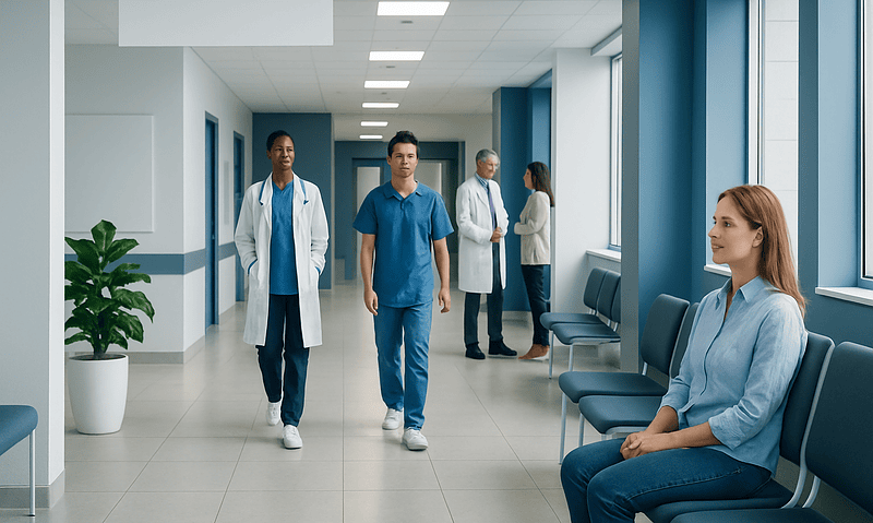 Healthcare professionals and patient in a modern hospital corridor.