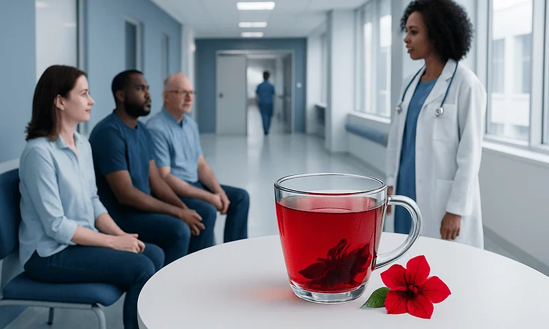 Doctor discussing hibiscus tea benefits with patients in hospital corridor.
