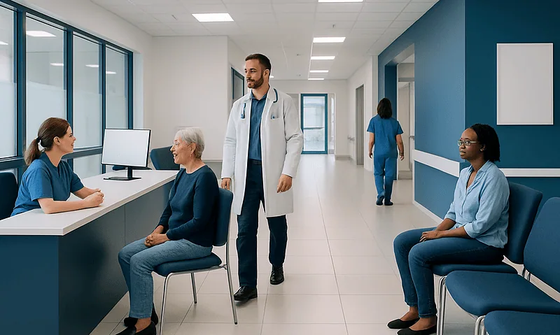 Medical consultation in a modern hospital corridor with healthcare professionals and patients.