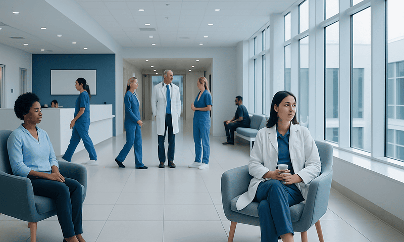 Medical staff waiting in a modern hospital corridor with large windows.