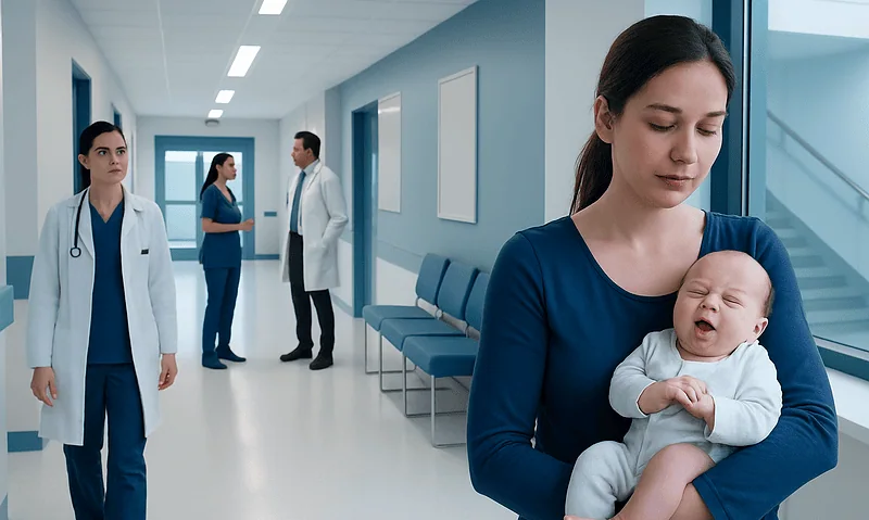 Mother holding crying baby in hospital corridor with medical staff nearby.