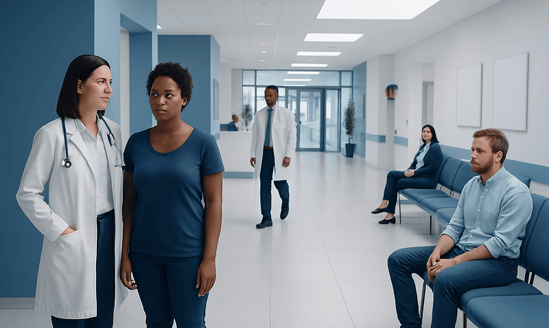 Medical consultation in a modern hospital corridor with healthcare professionals and patients.