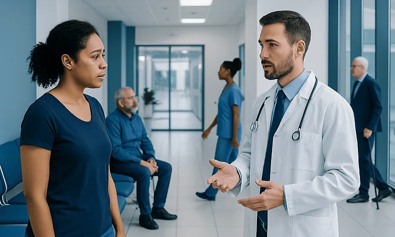 Doctor consulting patient in hospital corridor with waiting area.