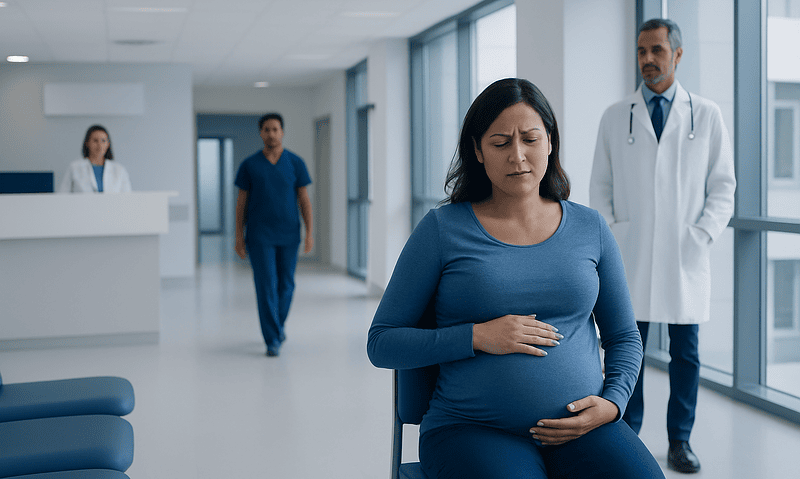 Pregnant woman experiencing abdominal pain in hospital corridor with medical staff nearby.