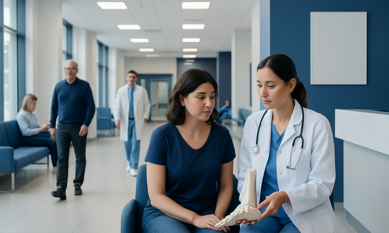 Doctor explaining foot anatomy to patient in hospital corridor.