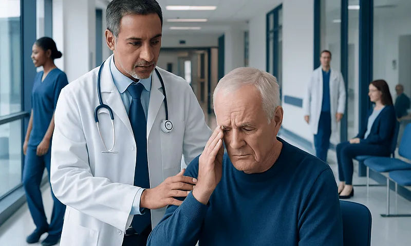 Doctor examining elderly patient with headache in hospital corridor.