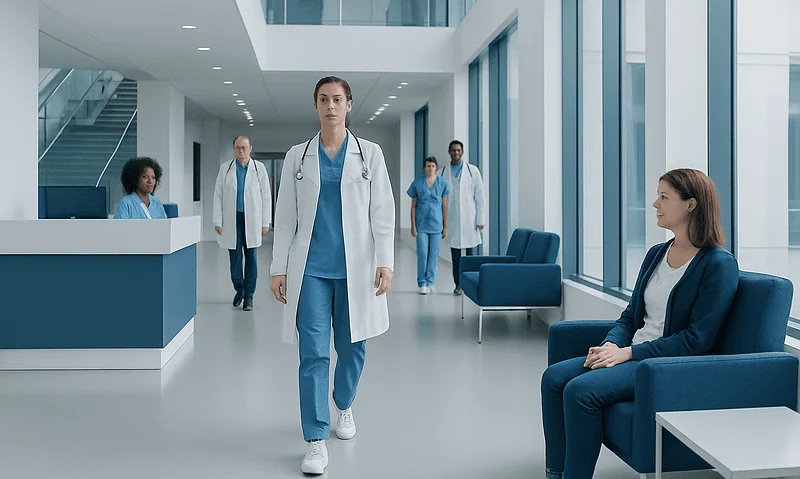 Medical team walking through hospital corridor with patient seated nearby.