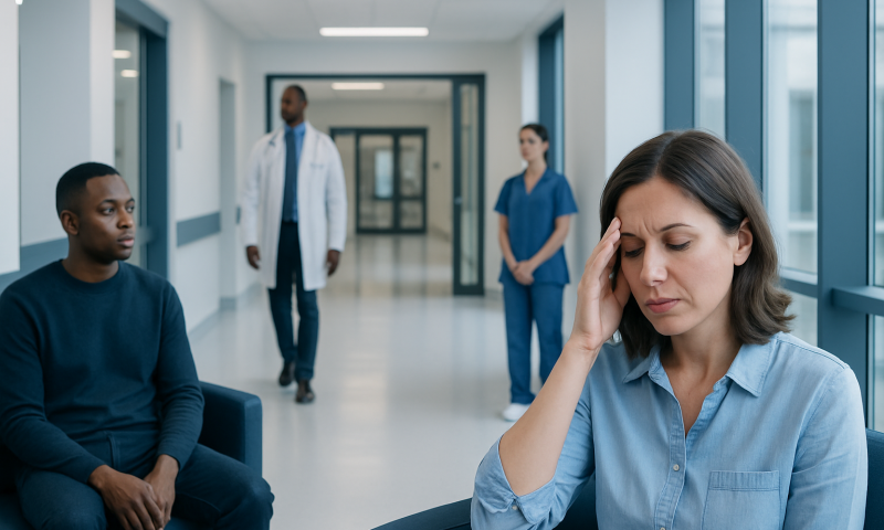 Woman experiencing headache in hospital corridor with medical staff nearby.
