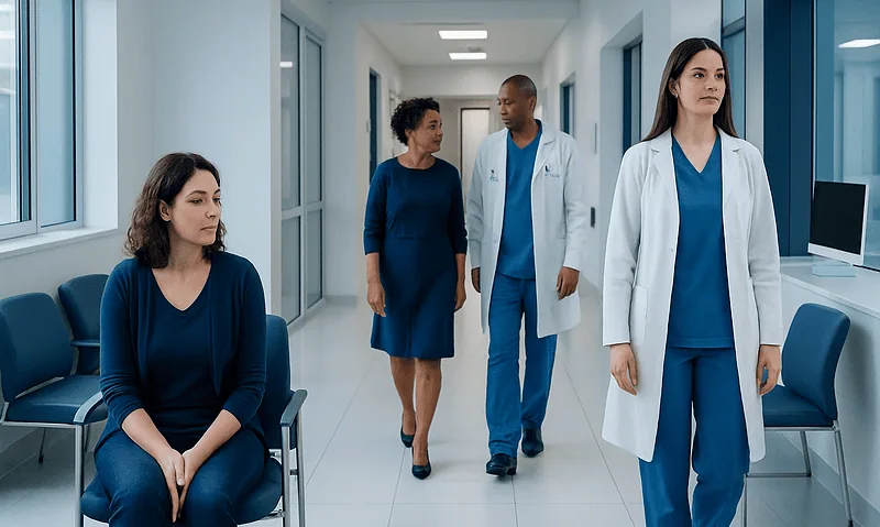 Medical professionals and patient in a hospital corridor.