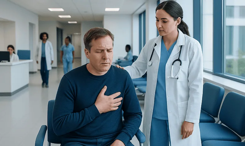 High fever and chills: A Complete Medical Guide for Patients 9 Doctor examines patient with chest pain in hospital corridor.