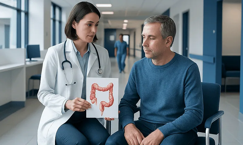 Doctor explaining colon health to patient in hospital corridor.