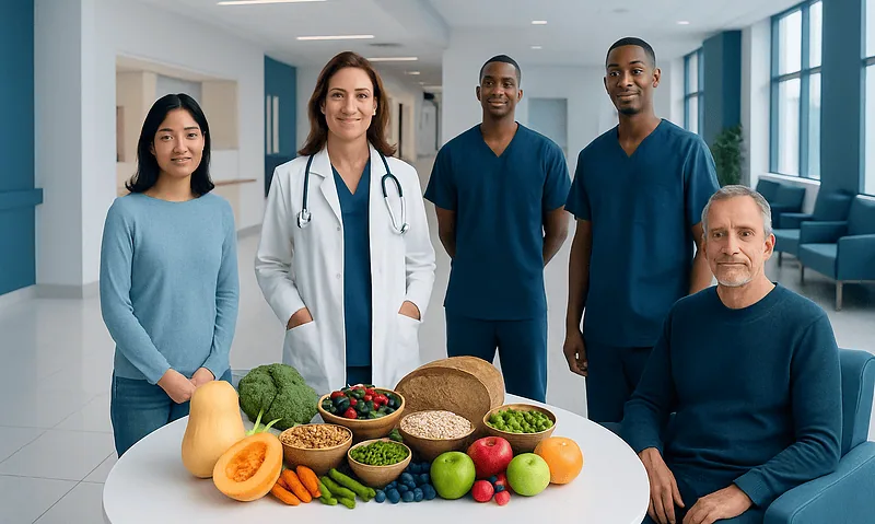 Healthcare professionals with fresh fruits and vegetables in a hospital setting.