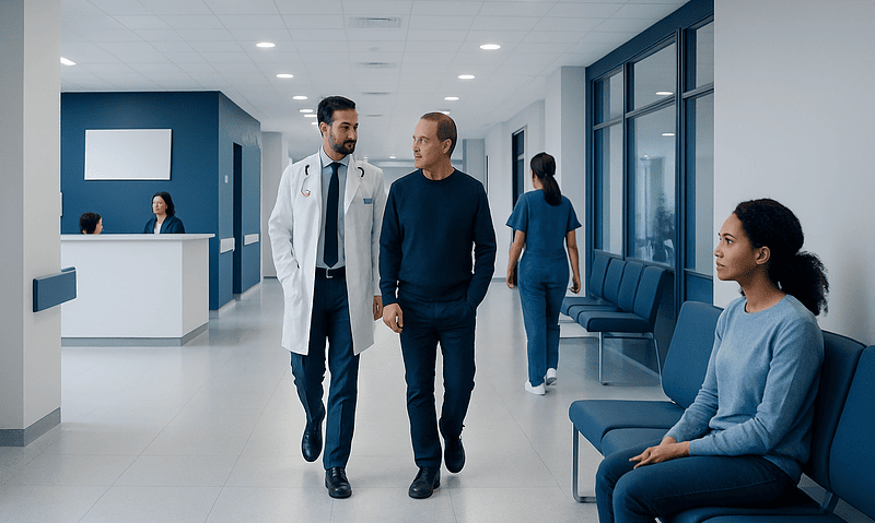Doctor and patient talking in hospital corridor with waiting area.