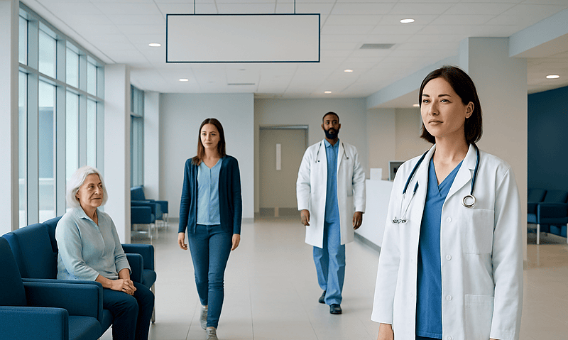 Medical team in hospital corridor with patient waiting area.