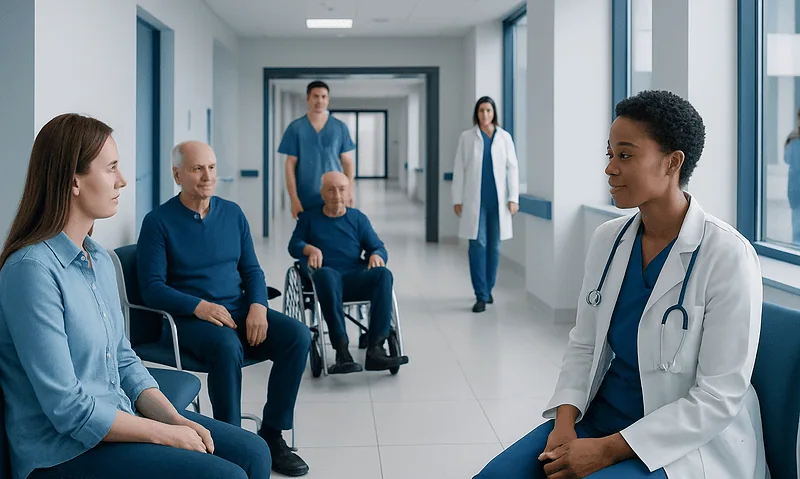 Healthcare professionals and patients in a hospital corridor.