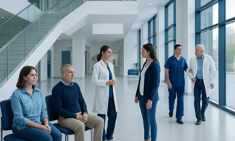 Medical team and patients in a modern hospital lobby.