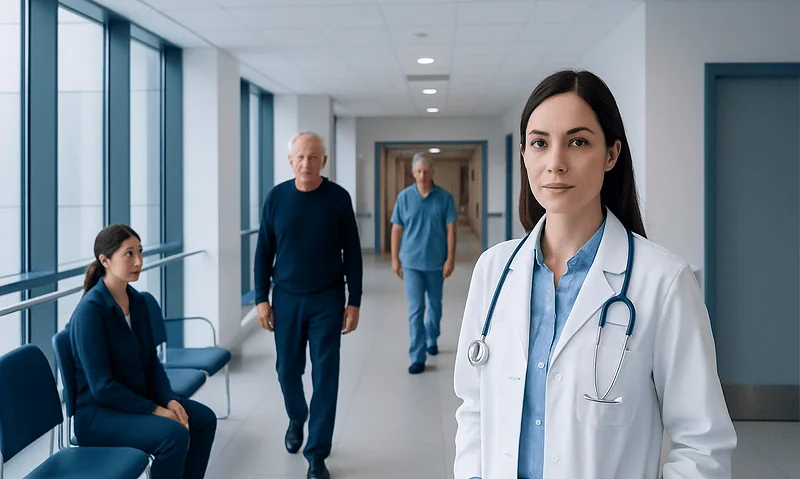 Healthcare professionals and patients in a hospital corridor.