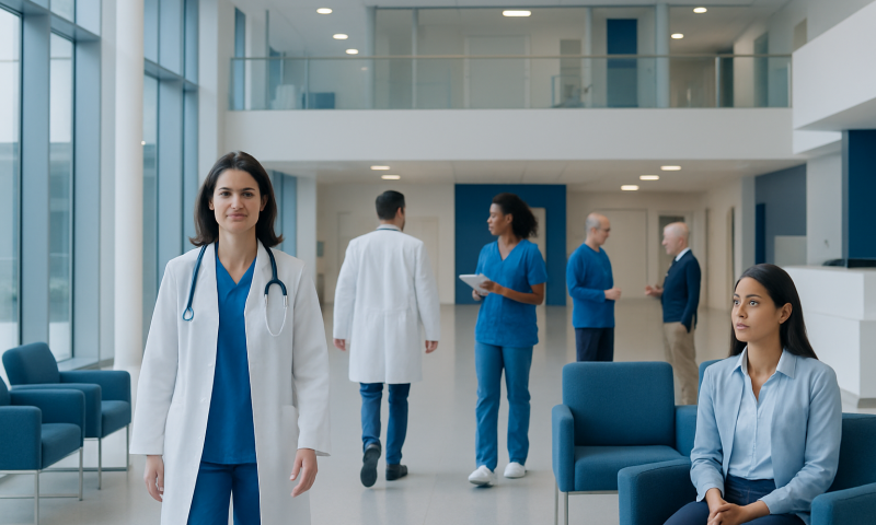Medical professionals in a modern hospital lobby with seating areas.