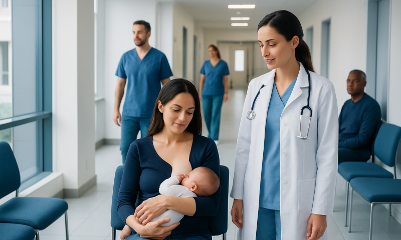 Mother breastfeeding her baby in a hospital corridor with medical staff nearby.