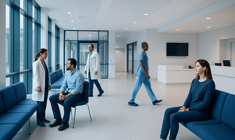 Modern hospital waiting area with patients and staff in a bright, spacious environment.