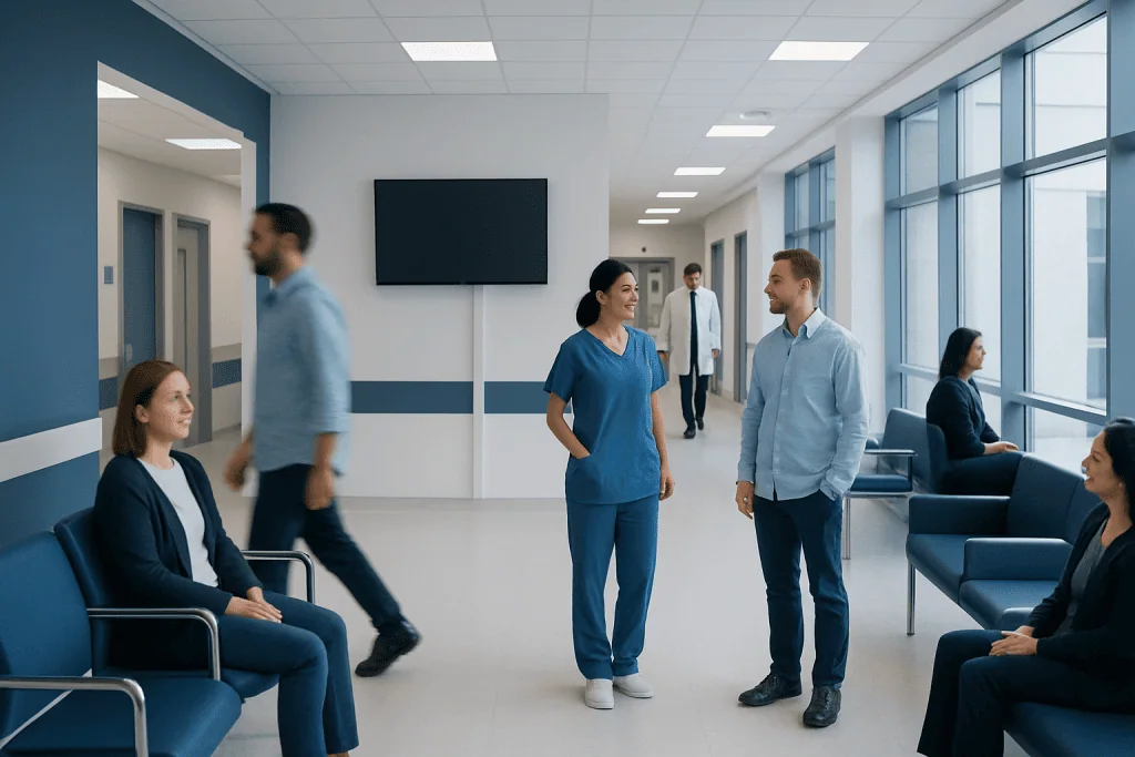 High Pain Tolerance: Possible Causes and When to Seek Care 1 Hospital waiting area with staff and patients engaging in conversation.