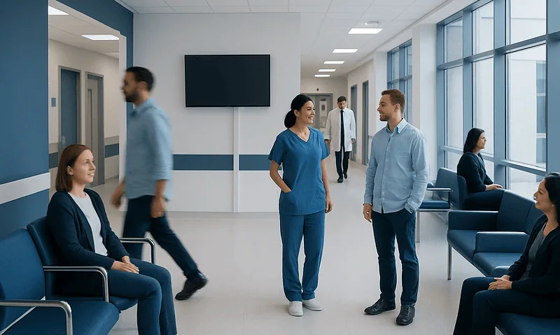 Hospital waiting area with staff and patients engaging in conversation.