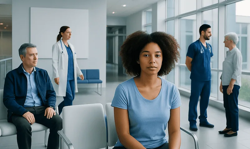 Diverse group of patients and medical staff in a hospital waiting area.