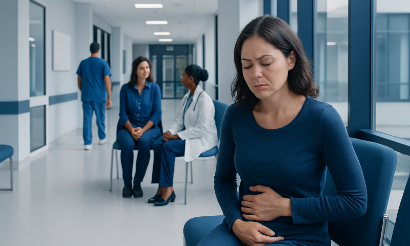Woman experiencing abdominal pain in hospital corridor with medical staff.