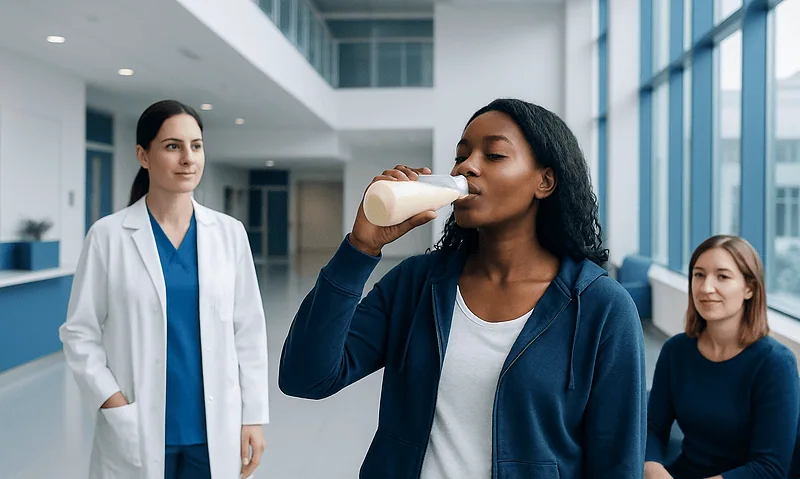 Woman drinking protein shake in hospital corridor with medical staff nearby.