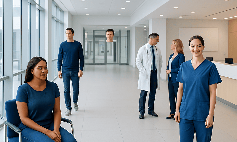 Healthcare professionals and patient in a modern hospital lobby.