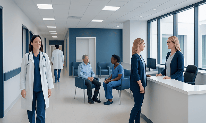 Medical staff and patients in a modern hospital corridor at Acibadem Hospitals Group.