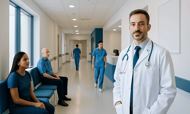 Healthcare professionals in a hospital corridor with a doctor in the foreground.