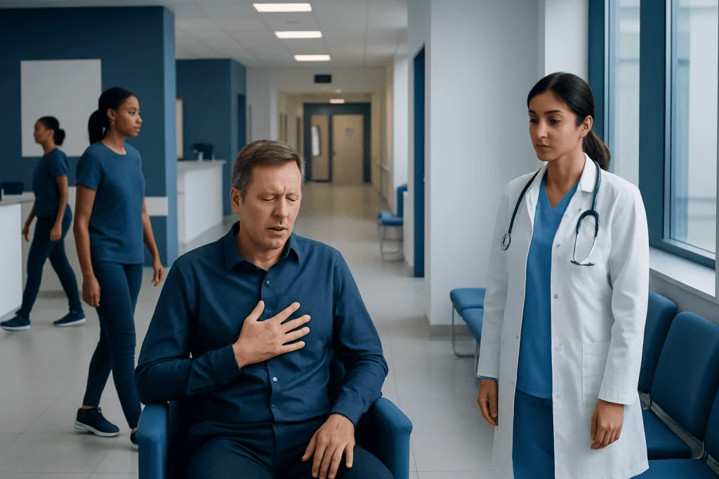 High Sodium Symptoms: Common Causes, Related Conditions, and When to See a Doctor 1 Patient experiencing chest pain in hospital corridor with medical staff nearby.