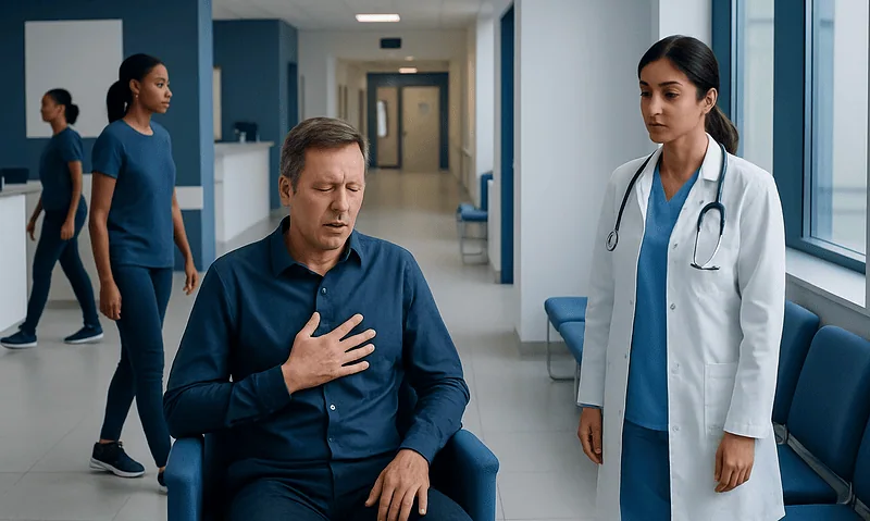 Patient experiencing chest pain in hospital corridor with medical staff nearby.