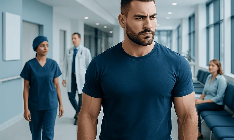 Man with a serious expression in a hospital corridor.