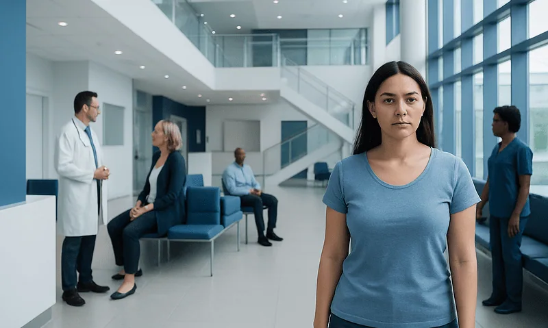Young woman waiting in a modern hospital lobby with medical staff and patients.