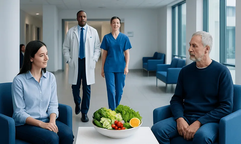 Patients and medical staff in a hospital waiting area with fresh vegetables on a table.